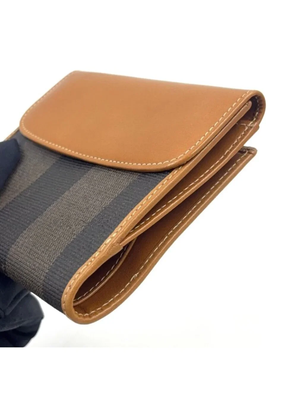 Fendi Pecan Leather Brown Beige Snap Wallet Gold